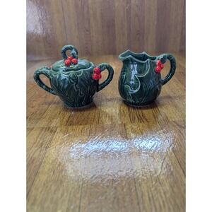 Lefton Green Holly Berry Cream And Sugar Bowl Set With Lid Vintage 1971 #6012